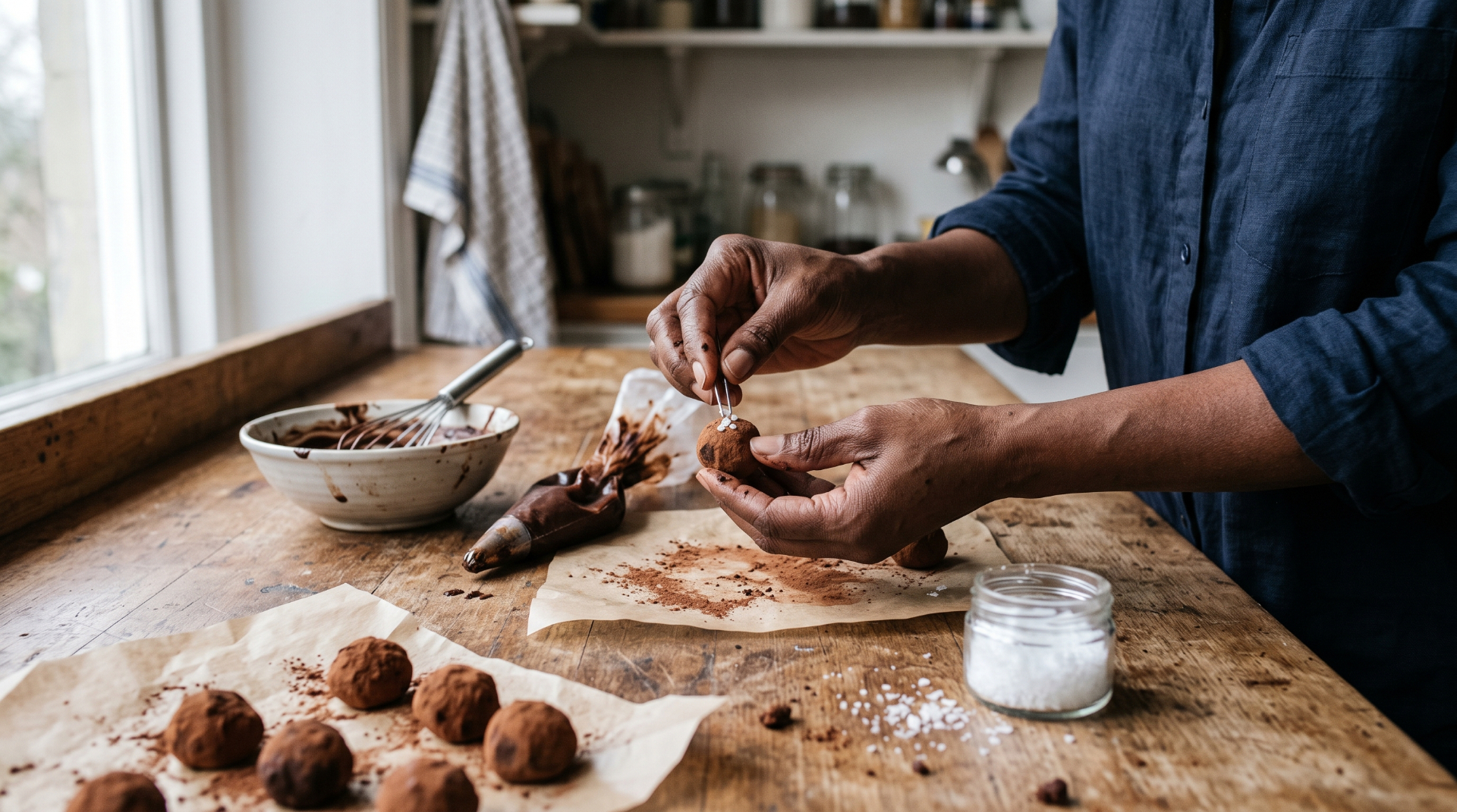 Mãos de confeiteira preparando trufas artesanais de chocolate