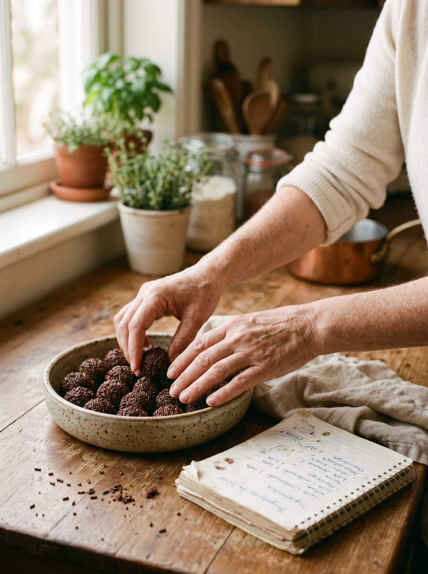 Confeiteira preparando brigadeiros artesanais